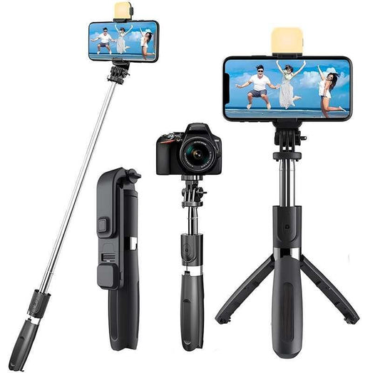 3 - in - 1 Extendable Selfie Stick Tripod with Bluetooth Remote & LED Flash - Fixivoo