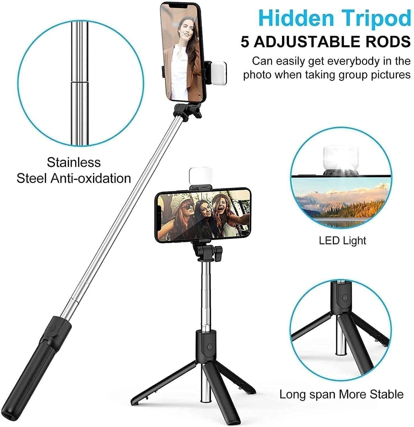 3 - in - 1 Extendable Selfie Stick Tripod with Bluetooth Remote & LED Flash - Fixivoo