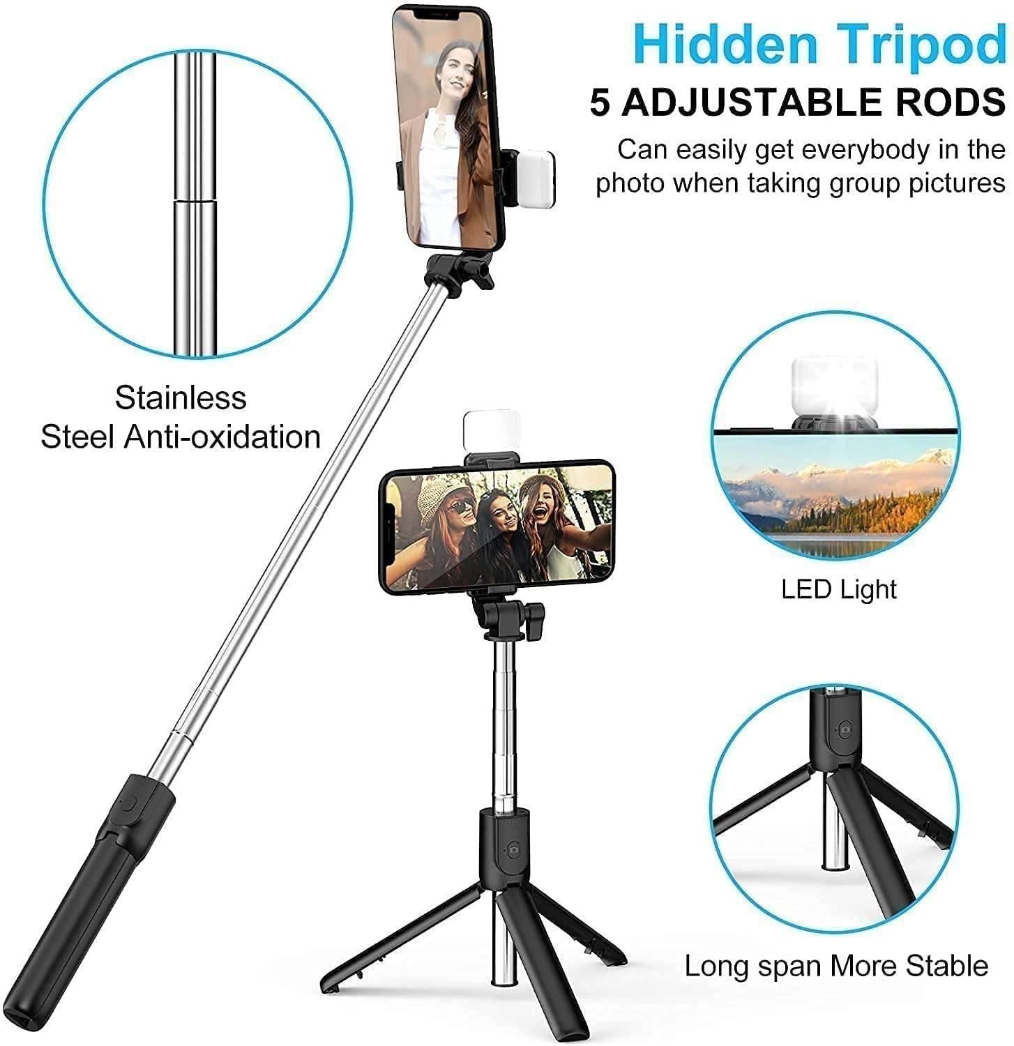 3 - in - 1 Extendable Selfie Stick Tripod with Bluetooth Remote & LED Flash - Fixivoo